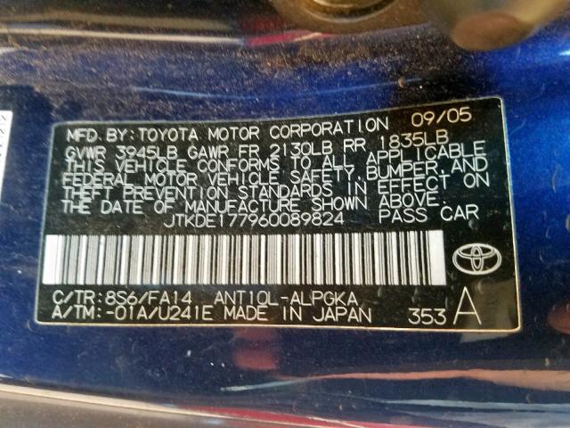 JTKDE177960089824 - 2006 TOYOTA SCION TC ლურჯი ფოტო 10