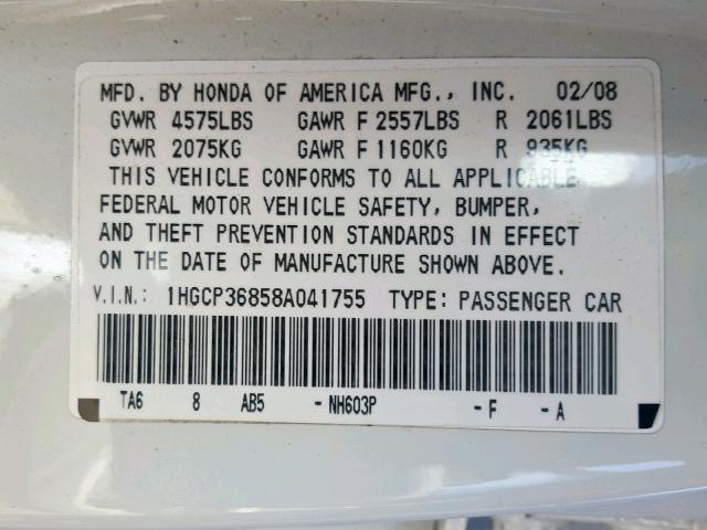 1HGCP36858A041755 - 2008 HONDA ACCORD EXL WHITE photo 10