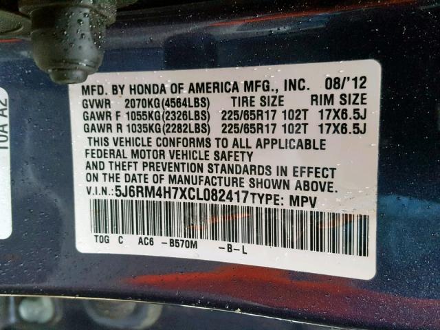 5J6RM4H7XCL082417 - 2012 HONDA CR-V EXL BLUE photo 10