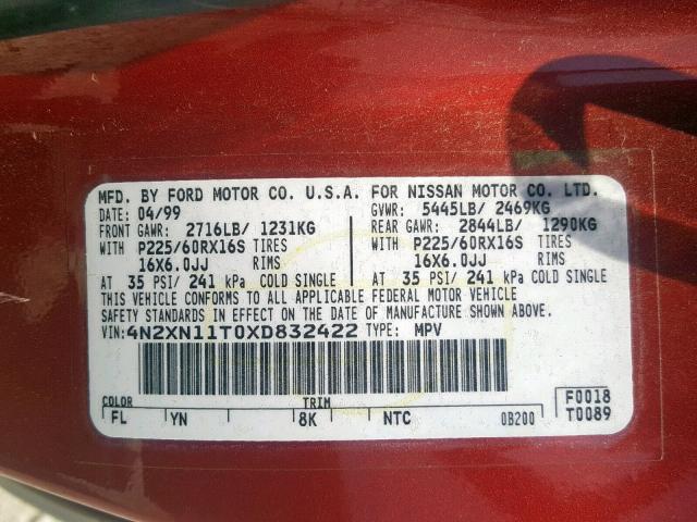 4N2XN11T0XD832422 - 1999 NISSAN QUEST SE RED photo 10