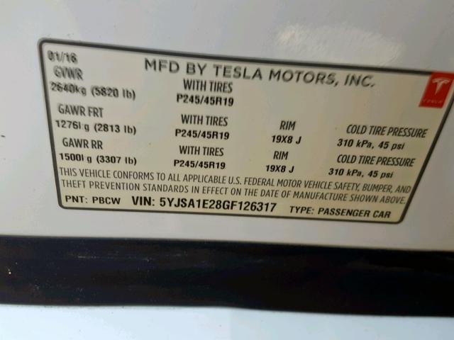 5YJSA1E28GF126317 - 2016 TESLA MODEL S WHITE photo 10