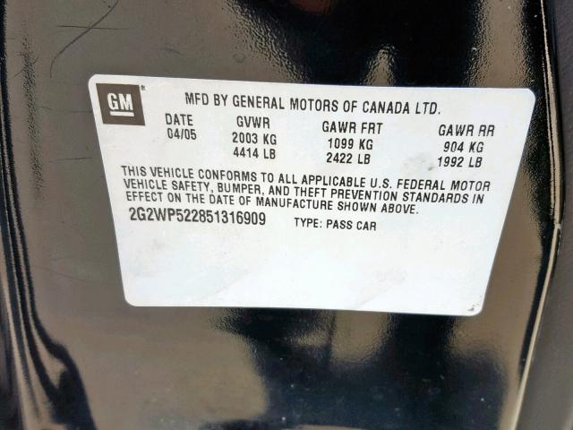 2G2WP522851316909 - 2005 PONTIAC GRAND PRIX BLACK photo 10