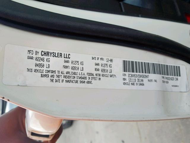 2C3KA53V59H583947 - 2009 CHRYSLER 300 TOURIN WHITE photo 10