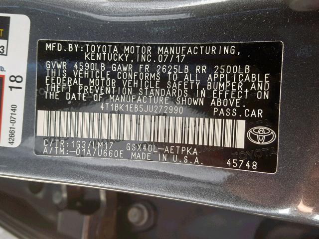 4T1BK1EB5JU272990 - 2018 TOYOTA AVALON XLE GRAY photo 10