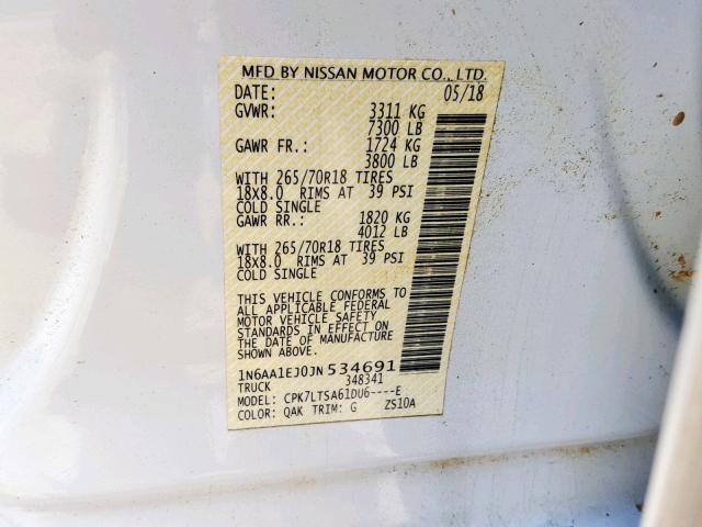 1N6AA1EJ0JN534691 - 2018 NISSAN TITAN S WHITE photo 10