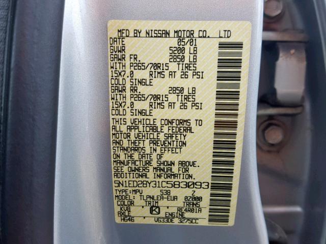 5N1ED28Y31C583093 - 2001 NISSAN XTERRA XE SILVER photo 10