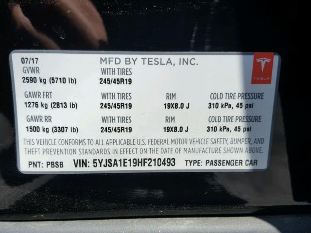 5YJSA1E19HF210493 - 2017 TESLA MODEL S BLACK photo 10