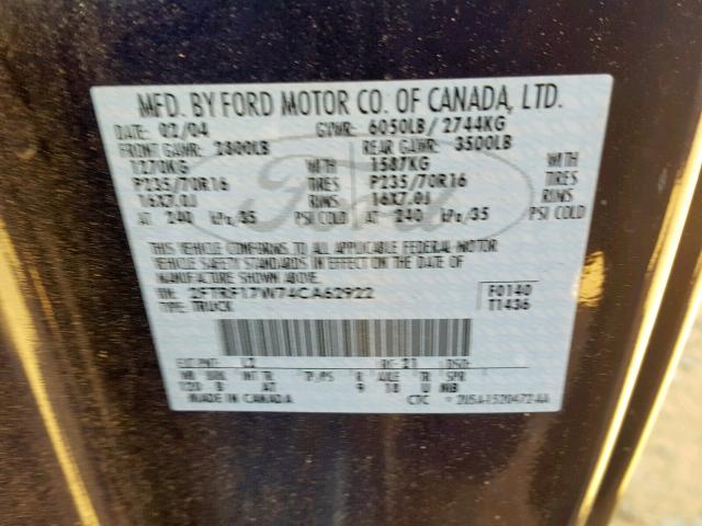 2FTRF17W74CA62922 - 2004 FORD F-150 HERI BLUE photo 10