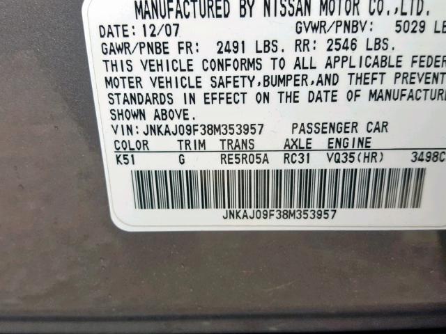 JNKAJ09F38M353957 - 2008 INFINITI EX35 BASE GRAY photo 10
