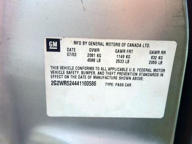 2G2WR524441160586 - 2004 PONTIAC GRAND PRIX SILVER photo 10