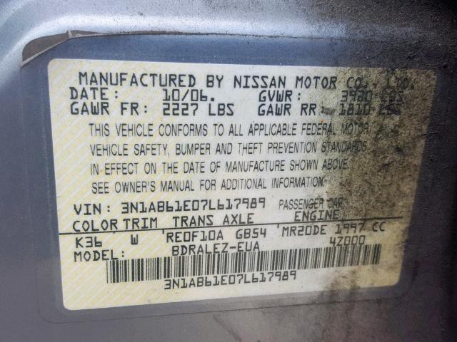 3N1AB61E07L617989 - 2007 NISSAN SENTRA 2.0 SILVER photo 10