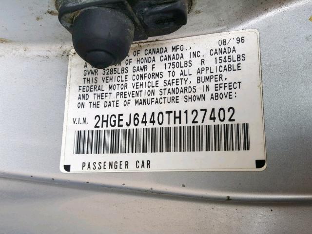 2HGEJ6440TH127402 - 1996 HONDA CIVIC DX SILVER photo 10