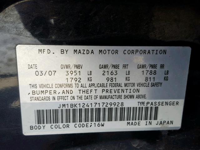 JM1BK124171729928 - 2007 MAZDA 3 S BLACK photo 10