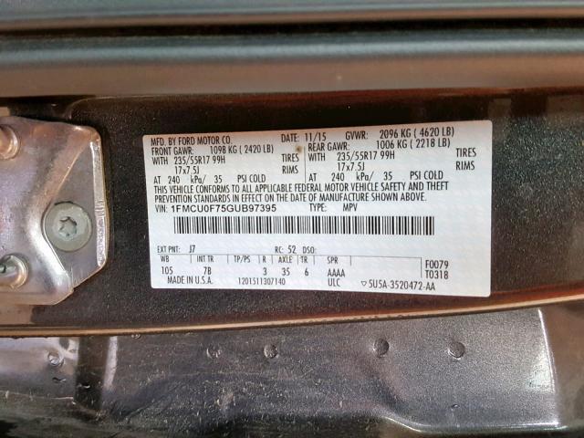 1FMCU0F75GUB97395 - 2016 FORD ESCAPE S CHARCOAL photo 10