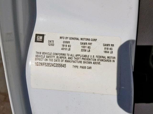 1G2NF52E24C205645 - 2004 PONTIAC GRAND AM S WHITE photo 10