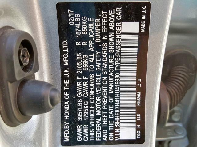 SHHFK7H41HU419930 - 2017 HONDA CIVIC SPOR SILVER photo 10