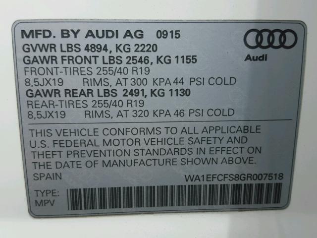 WA1EFCFS8GR007518 - 2016 AUDI Q3 PREMIUM WHITE photo 10