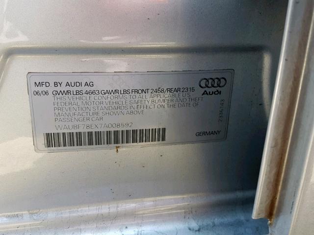 WAUBF78EX7A008592 - 2007 AUDI A4 S-LINE SILVER photo 10