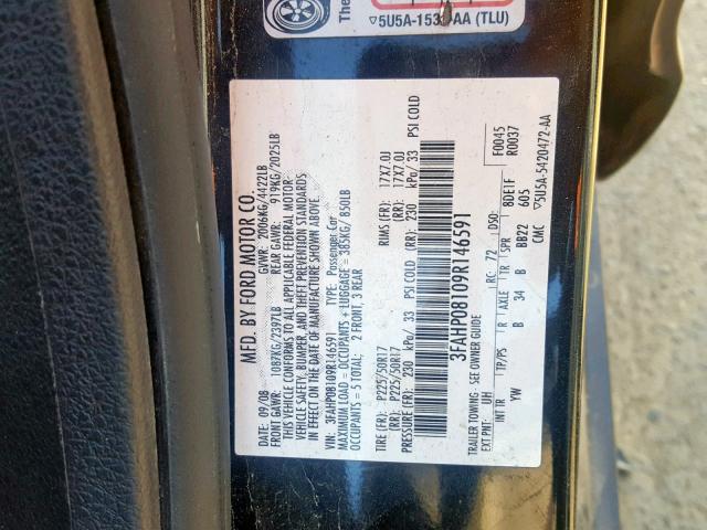 3FAHP08109R146591 - 2009 FORD FUSION SEL BLACK photo 10