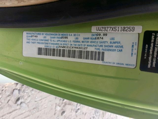 3VWBC21CXYM430127 - 2000 VOLKSWAGEN NEW BEETLE GREEN photo 10