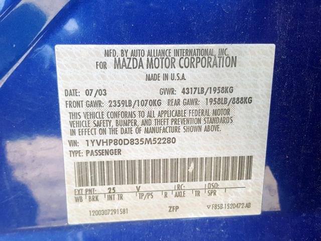 1YVHP80D835M52280 - 2003 MAZDA 6 S BLUE photo 10