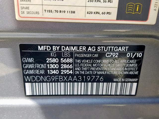 WDDNG9FBXAA319776 - 2010 MERCEDES-BENZ S 400 GRAY photo 10