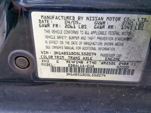 3N1AB51D05L552074 - 2005 NISSAN SENTRA SE- BLACK photo 10