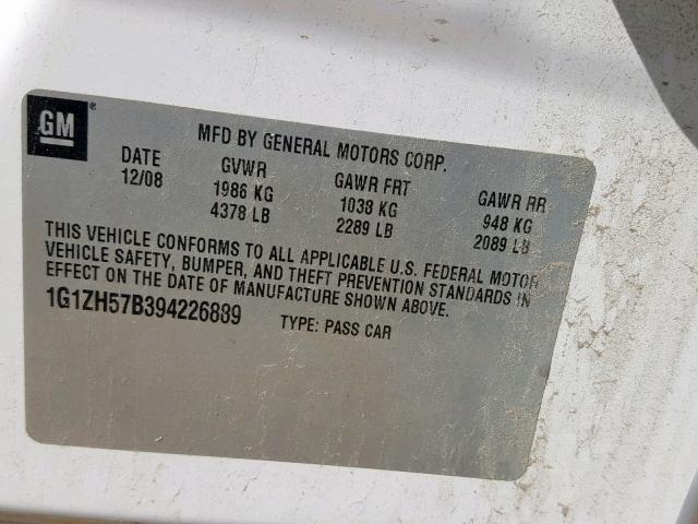 1G1ZH57B394226889 - 2009 CHEVROLET MALIBU 1LT 白色 照片 10