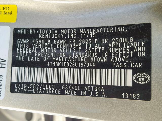 4T1BK1EB2GU197044 - 2016 TOYOTA AVALON XLE GOLD photo 10