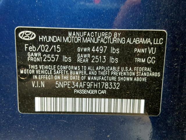 5NPE34AF9FH178332 - 2015 HYUNDAI SONATA SPO BLUE photo 10