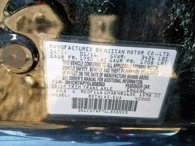 3N1CN7AP7GL858553 - 2016 NISSAN VERSA S BLACK photo 10