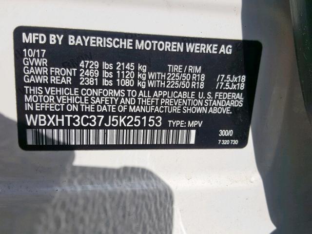 WBXHT3C37J5K25153 - 2018 BMW X1 XDRIVE2 WHITE photo 10