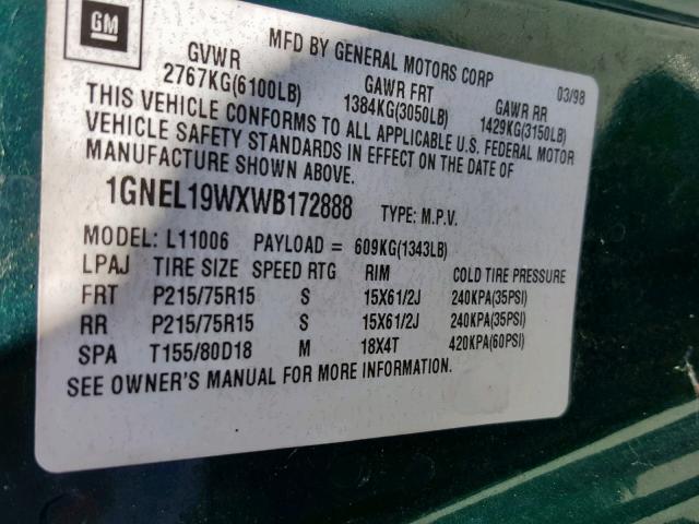 1GNEL19WXWB172888 - 1998 CHEVROLET ASTRO GREEN photo 10