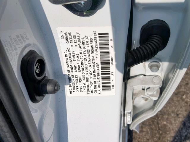 2HGFC1F72HH643907 - 2017 HONDA CIVIC EXL WHITE photo 10