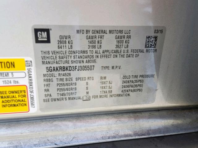 5GAKRBKD3FJ305507 - 2015 BUICK ENCLAVE SILVER photo 10