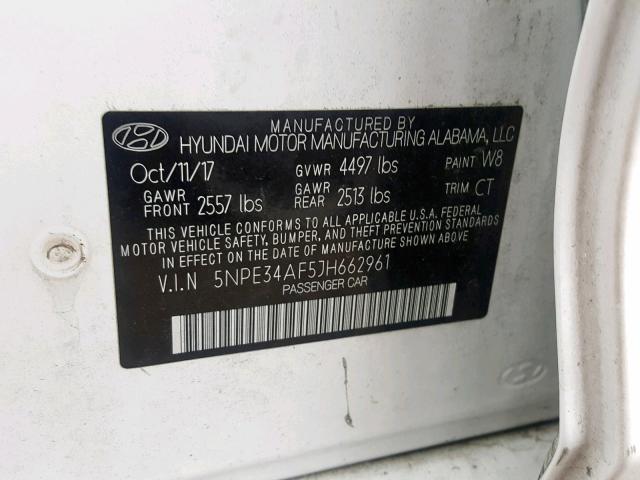 5NPE34AF5JH662961 - 2018 HYUNDAI SONATA SPO WHITE photo 10