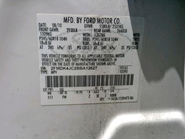 2FMDK4JC2BBA12627 - 2011 FORD EDGE SEL WHITE photo 10