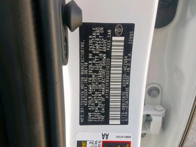 4T1BZ1FB5KU010320 - 2019 TOYOTA AVALON XLE WHITE photo 10