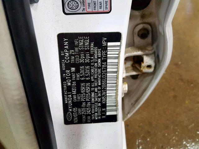 KM8JM12B86U326784 - 2006 HYUNDAI TUCSON GL WHITE photo 10