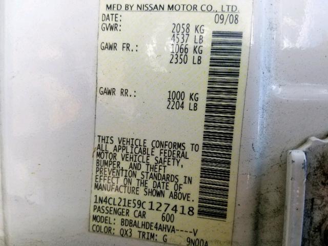 1N4CL21E59C127418 - 2009 NISSAN ALTIMA HYB WHITE photo 10