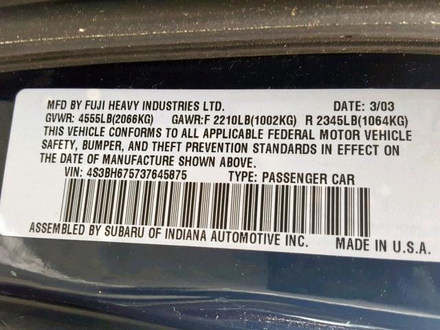 4S3BH675737645875 - 2003 SUBARU LEGACY OUT BLUE photo 10