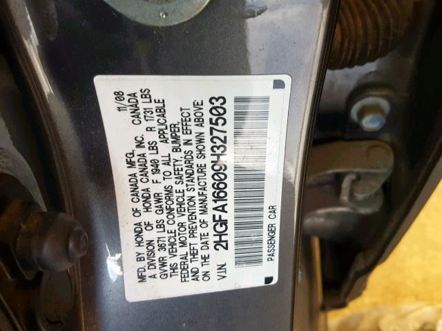 2HGFA16609H327503 - 2009 HONDA CIVIC LX-S Boz foto 10