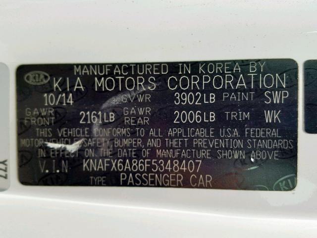 KNAFX6A86F5348407 - 2015 KIA FORTE EX WHITE photo 10