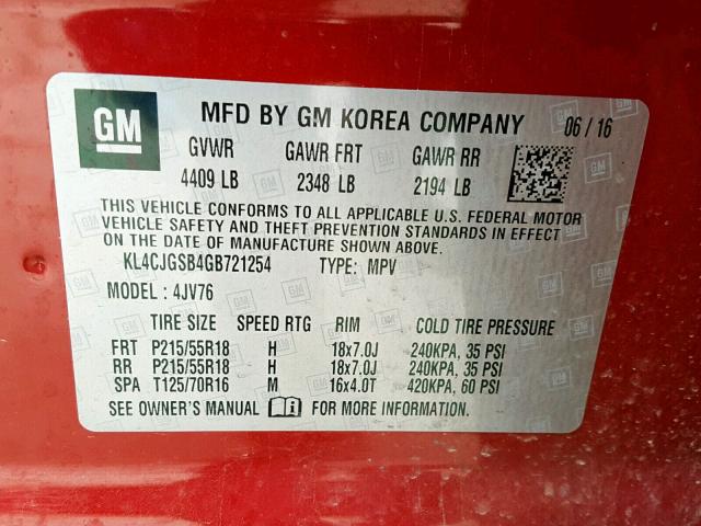 KL4CJGSB4GB721254 - 2016 BUICK ENCORE RED photo 10