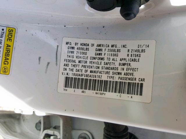 19UUA8F58EA006762 - 2014 ACURA TL TECH WHITE photo 10