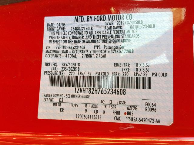 1ZVHT82H765234608 - 2006 FORD MUSTANG GT RED photo 10