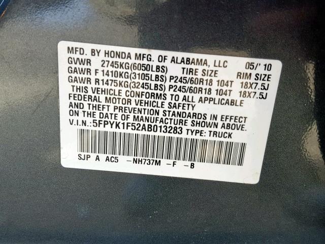 5FPYK1F52AB013283 - 2010 HONDA RIDGELINE GRAY photo 10