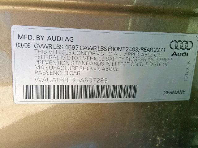 WAUAF68E25A507289 - 2005 AUDI A4 2.0T TAN photo 10