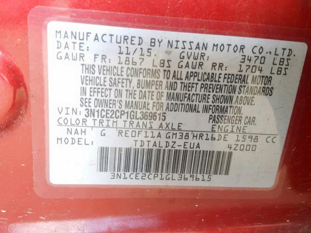 3N1CE2CP1GL369615 - 2016 NISSAN VERSA NOTE BURGUNDY photo 10