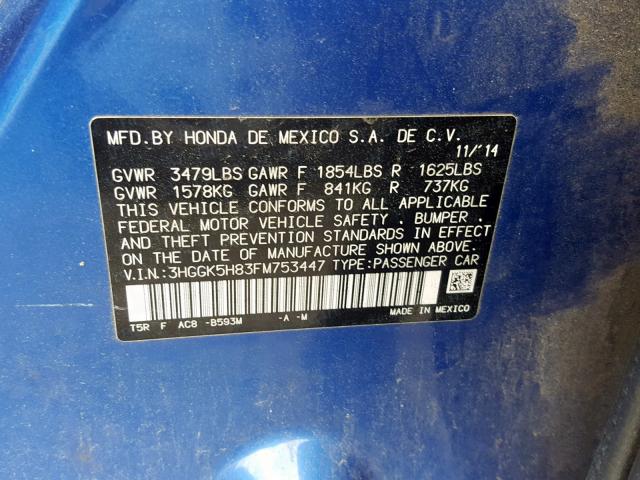 3HGGK5H83FM753447 - 2015 HONDA FIT EX BLUE photo 10